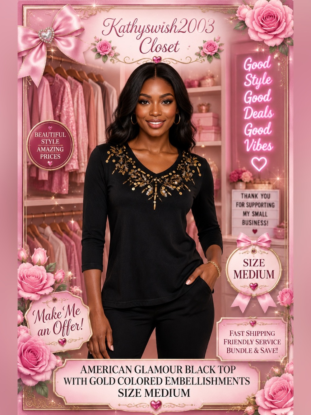 American Glamour Black Top with Gold Colored Embellishments Size Medium